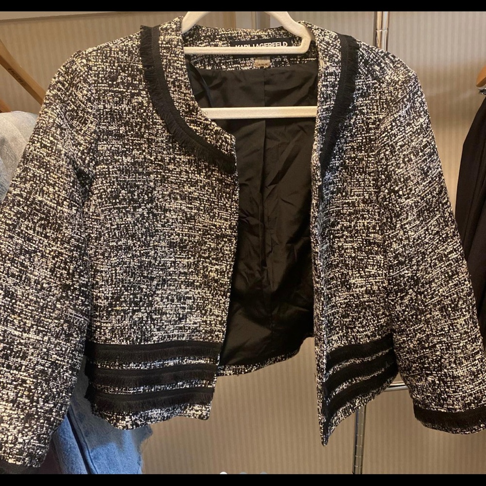 Karl Lagerfeld Paris black and white tweed jacket.